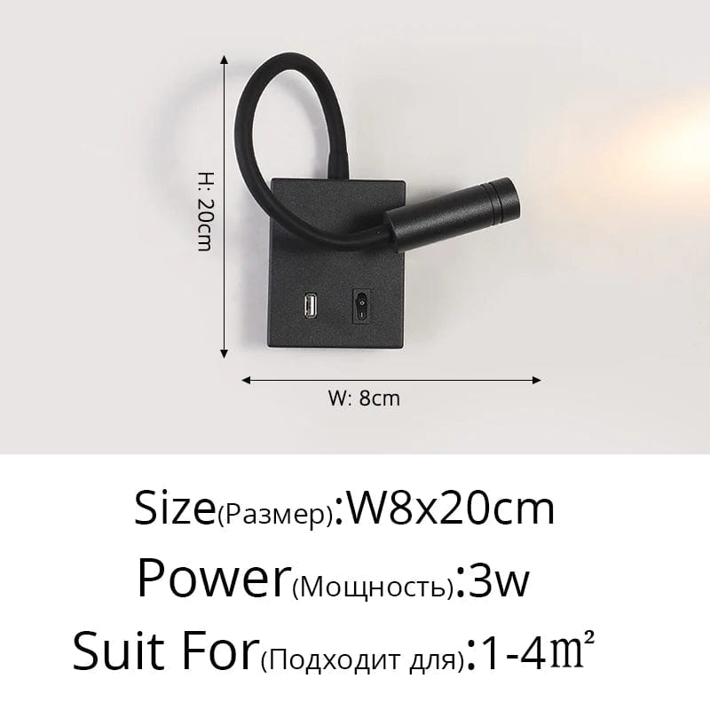 Lampe de chevet murale design nordique LED avec port USB et interrupteur | Marco Lucetti