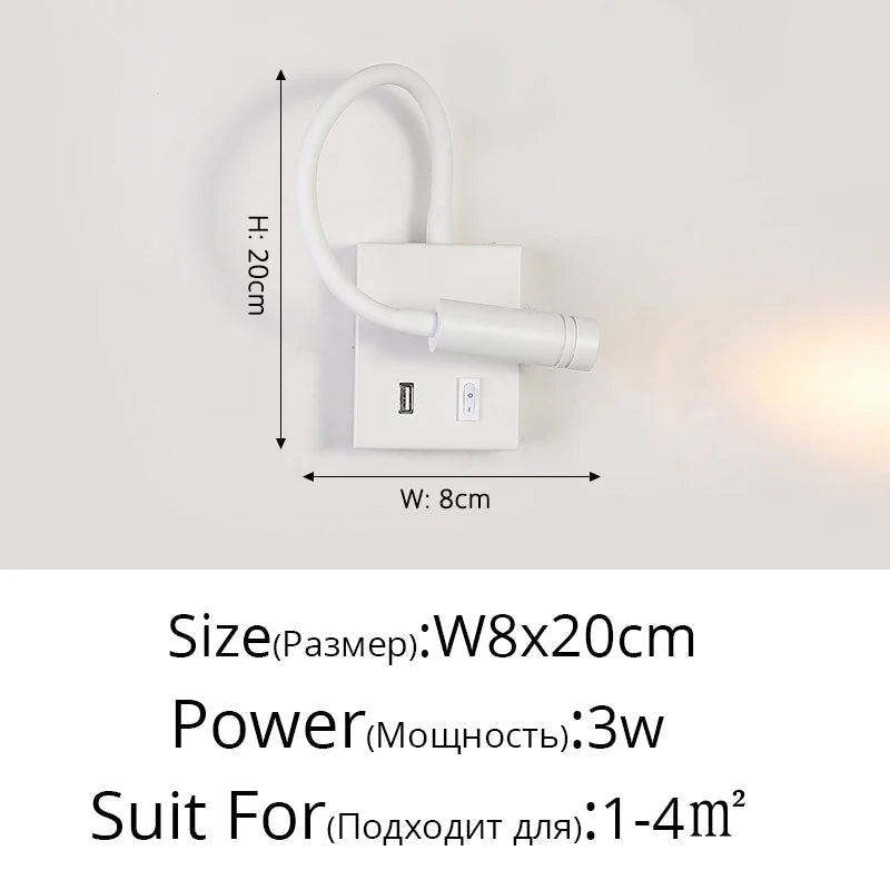 Lampe de chevet murale design nordique LED avec port USB et interrupteur