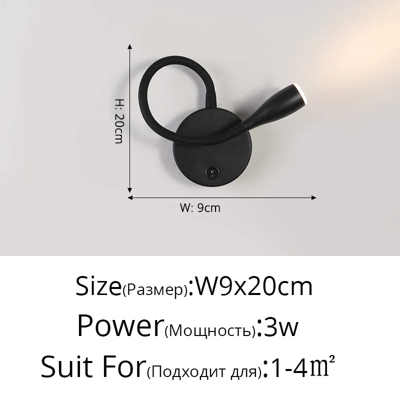 Lampe de chevet murale design nordique LED avec port USB et interrupteur