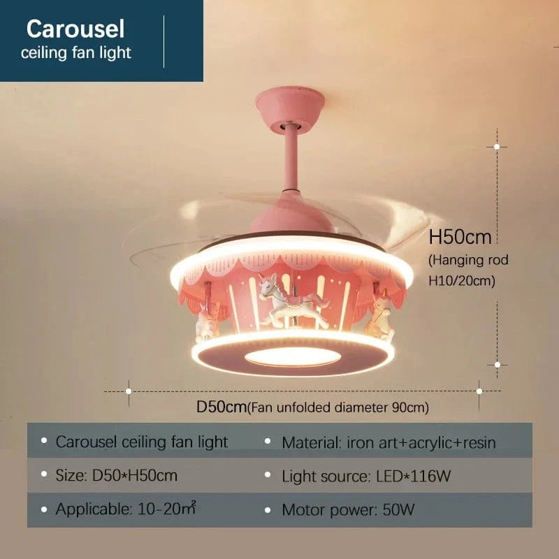 Lampe de plafond LED Carrousel Créatif pour Filles | Marco Lucetti Lumière de ventilateur de carrousel / Télécommande
