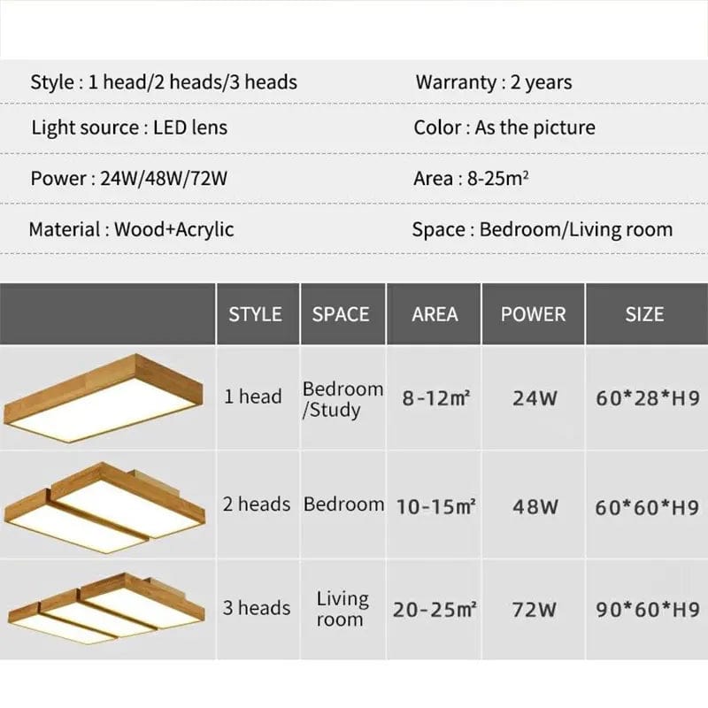 Lampe de plafond LED en bois carrée - Design minimaliste et moderne