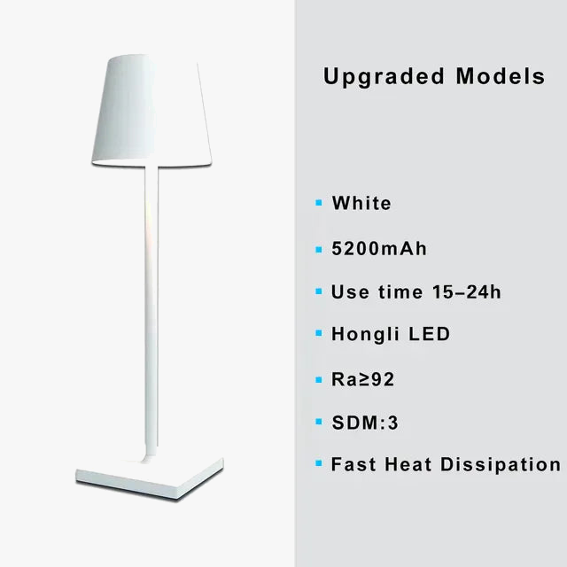 Lampe de table sans fil en métal noir, style varié.