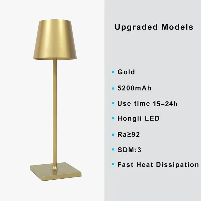 Lampe de table sans fil en métal noir, style varié.