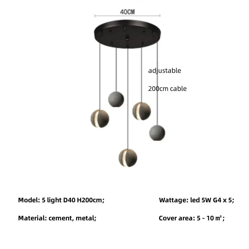 Lampe Suspendue au Design Nordique "Lune et Planète" | Marco Lucetti 5 lumières D40cm / Lumière blanche 6500K