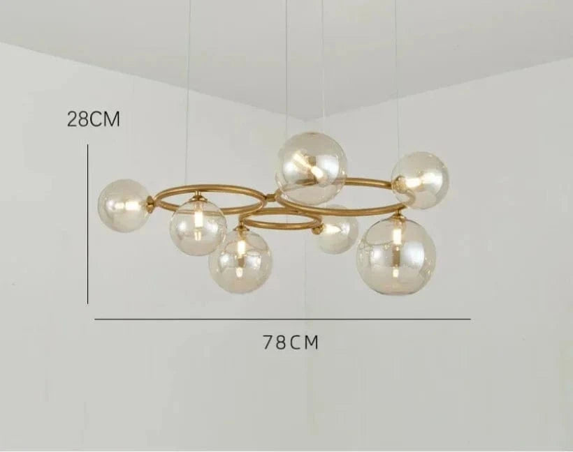 Lampe suspendue d'art en verre fumé de luxe | Marco Lucetti Lampe à 7 verres / Corps de lampe doré / Verre clair | lumière blanche