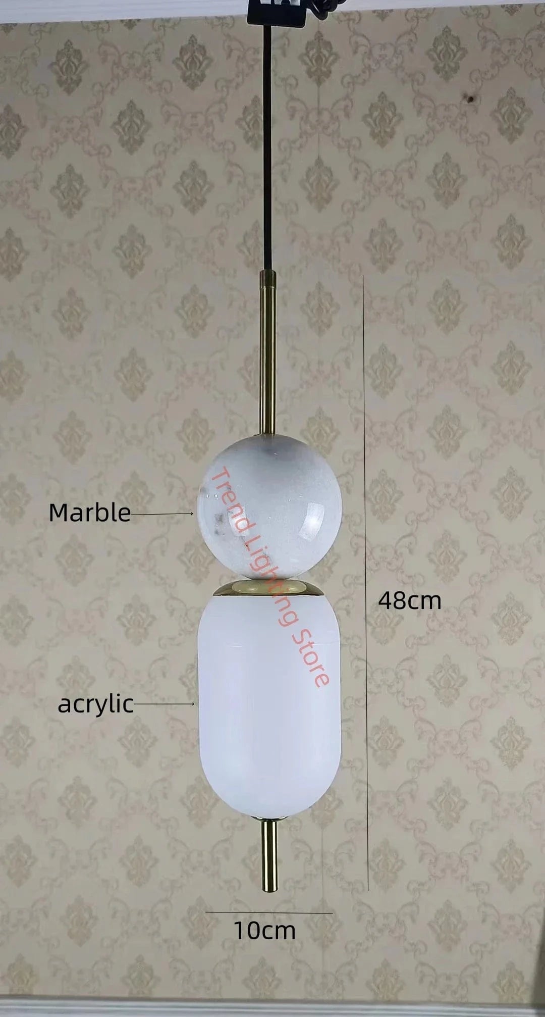 Lampe suspendue LED en acrylique style marbre naturel, cordon ajustable | Marco Lucetti Boule de marbre blanc / Lumière chaude