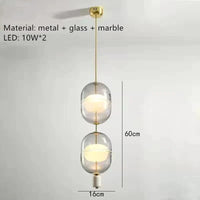 Lampe Suspendue Nordique en Verre avec Plafonnier en Marbre et Métal - Collection Scandinave Luxe | Marco Lucetti 2 têtes / Verre ambré