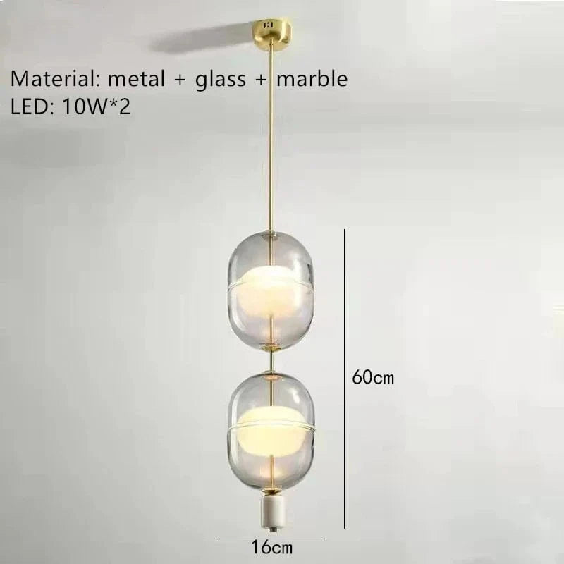 Lampe suspendue nordique en verre avec plafonnier en marbre et métal - Élégance scandinave | Marco Lucetti 2 têtes / Verre ambré