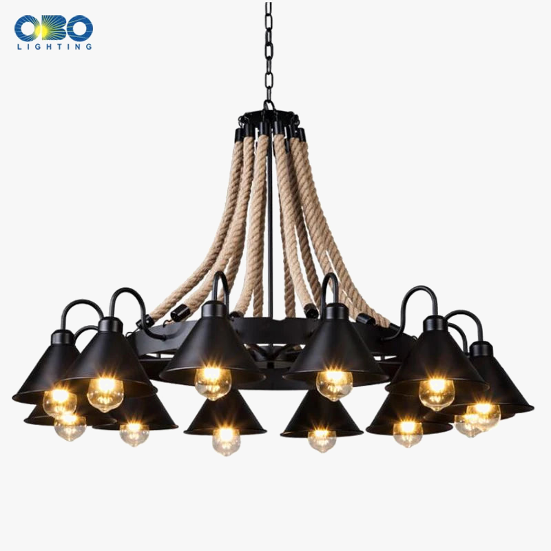 Lustre vintage en corde de chanvre avec abat-jour en fer pour bars et cafés - Style Bohème Industriel