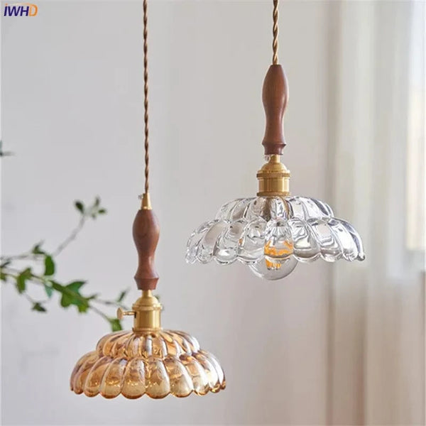 Lampe suspendue Vintage en cuivre et bois avec LED et abat-jour en verre | Marco Lucetti