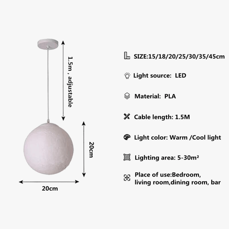 Lampe Suspension  Lune Atmosphère Lustre Impression 3D - Nouveauté Créative pour Enfants Chambre, Restaurant, Bar | Marco Lucetti