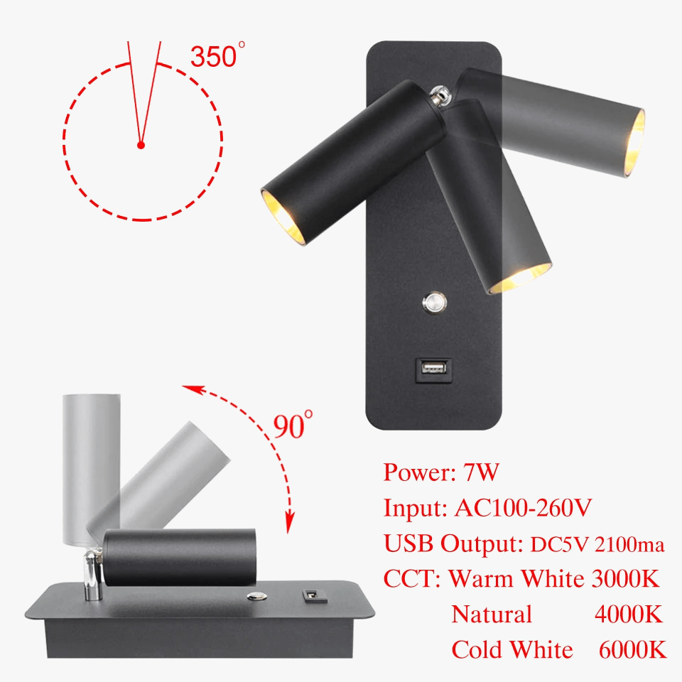 Lampes murales LED d'intérieur 7W avec Port USB - Applique murale pour Chambre ou Salon - Style Nordique Moderne - Interrupteur inclus | Marco Lucetti