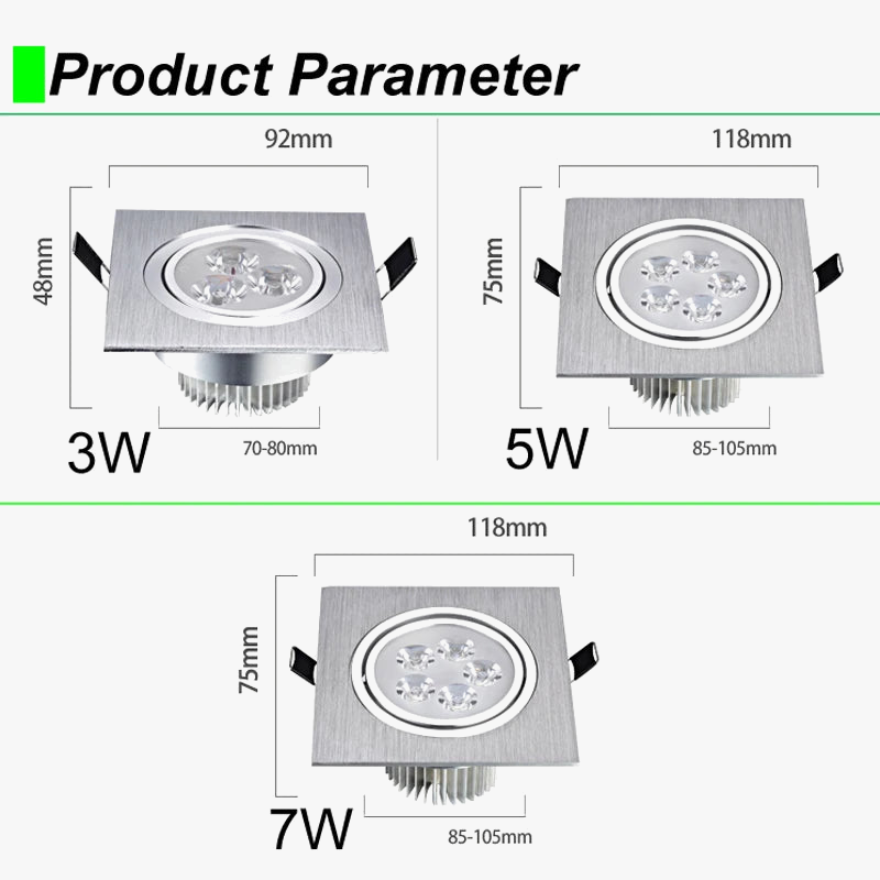 Spot LED carré encastré Dimmable 3W 5W 7W - Éclairage vers le bas - 110V 220V