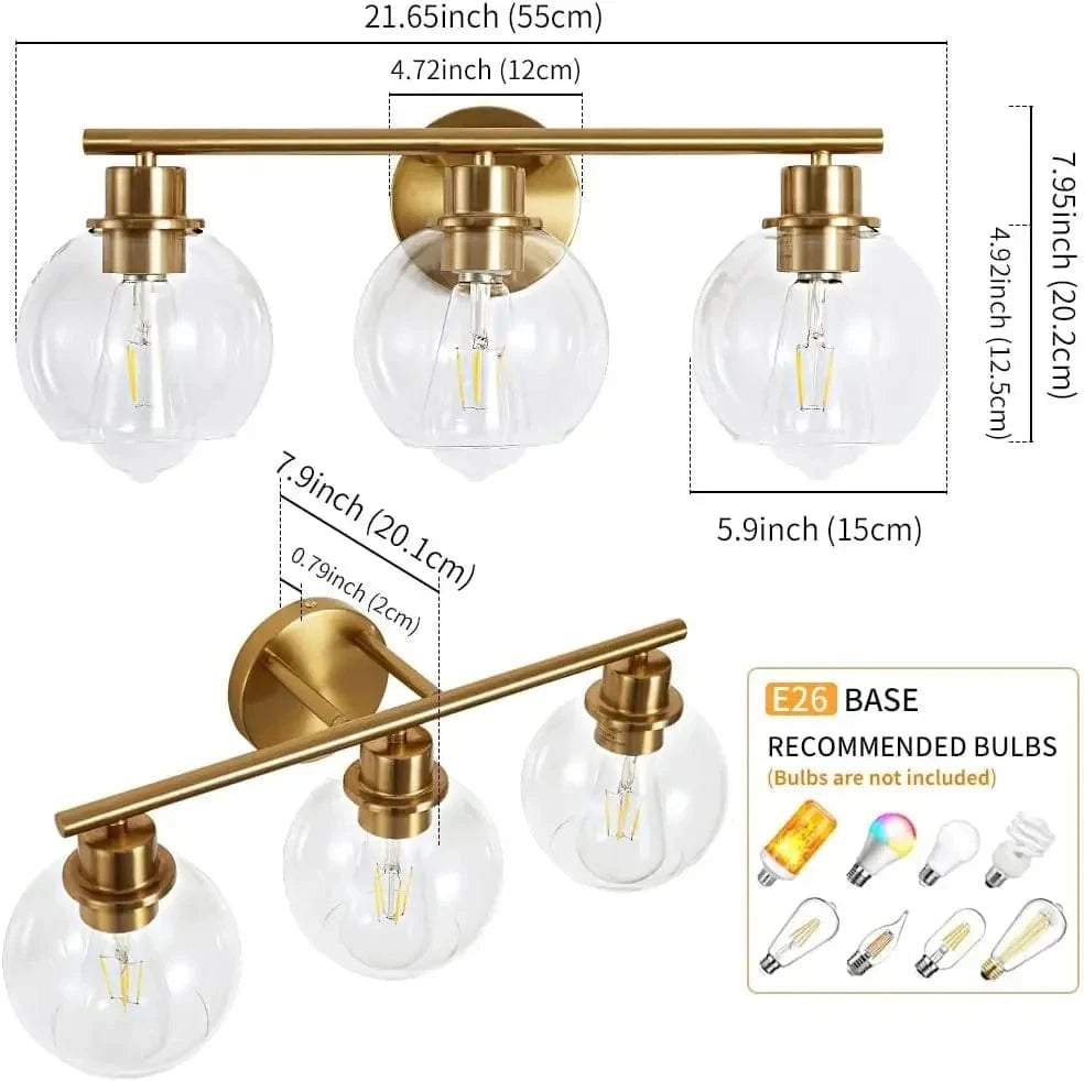 Luminaire industriel pour vanité de salle de bains avec applique murale miroir et abat-jour en verre | Marco Lucetti Or 3 lumières