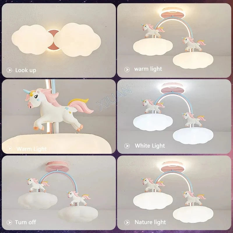 Luminaire Licorne Lumière : Plafonnier Enfant LED avec Télécommande nuage princesse rose complet | Marco Lucetti