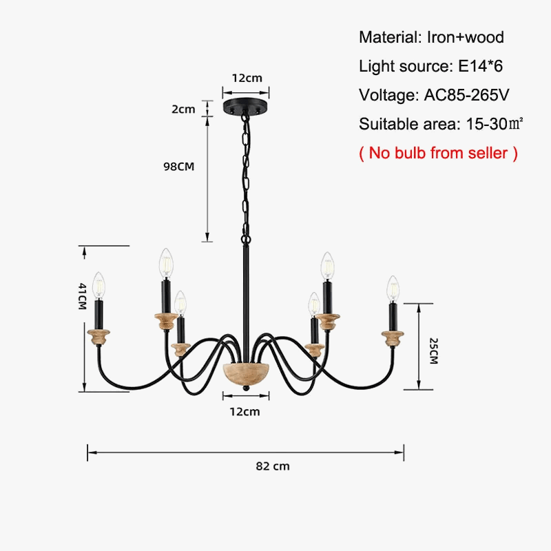 Lustre 6 Têtes Rétro Américain en Bois Français | Marco Lucetti