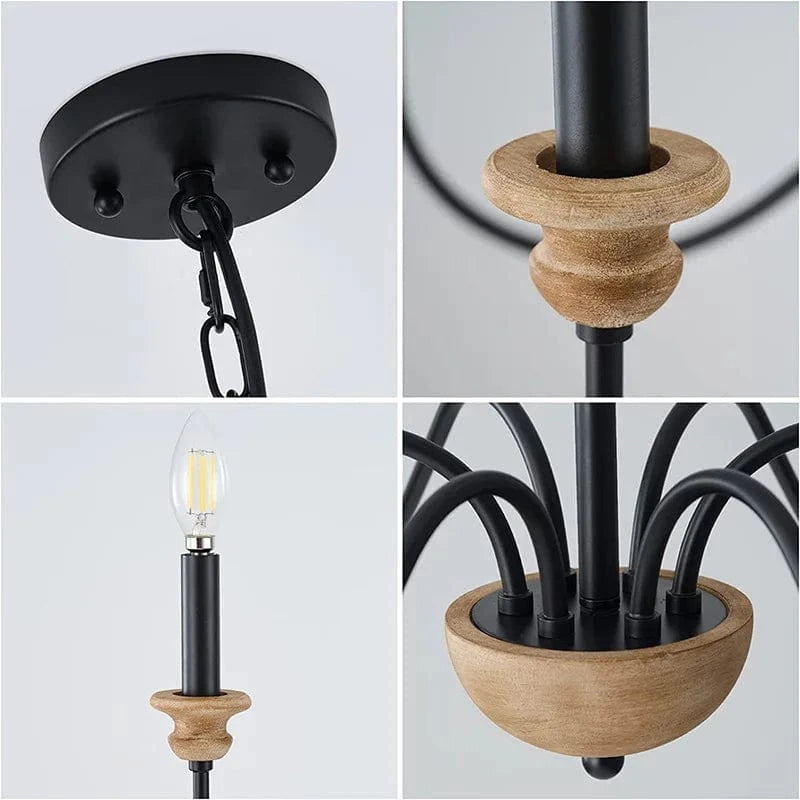 Lustre 6 Têtes Rétro Américain en Bois Français | Marco Lucetti