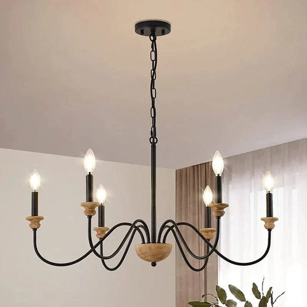 Lustre 6 Têtes Rétro Américain en Bois Français | Marco Lucetti