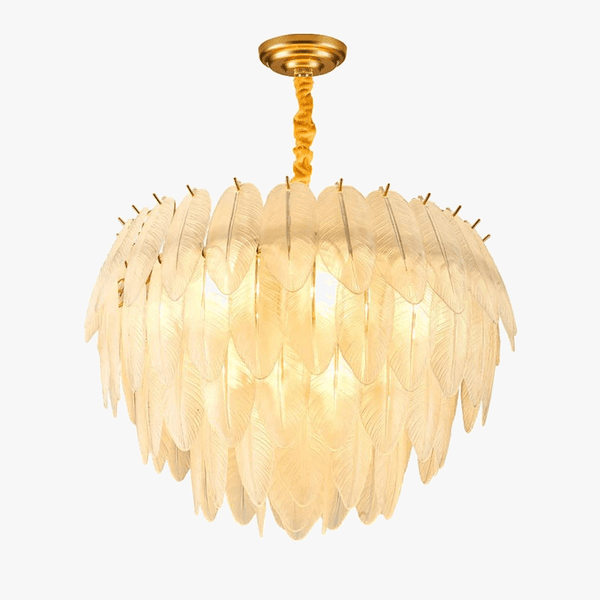 Lustre à LED en verre blanc avec plumes d'oie et finitions or argent | Marco Lucetti