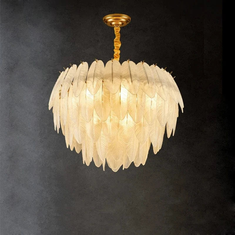 Lustre à LED en verre blanc avec plumes d'oie et finitions or argent | Marco Lucetti