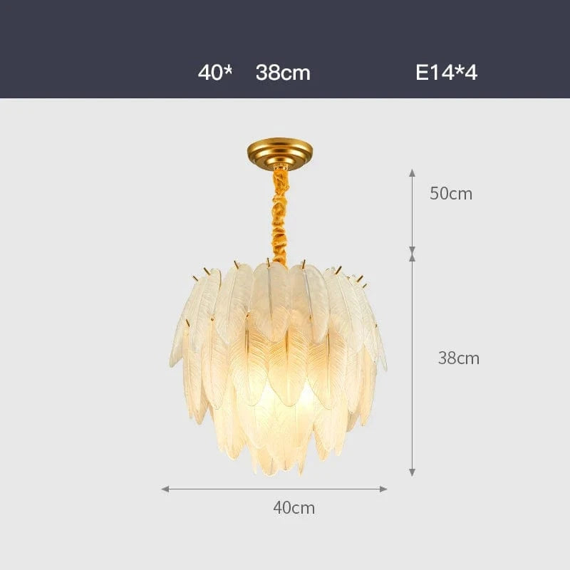 Lustre à LED en verre blanc avec plumes d'oie et finitions or argent | Marco Lucetti 40 cm / Cadre doré / Lumière chaude