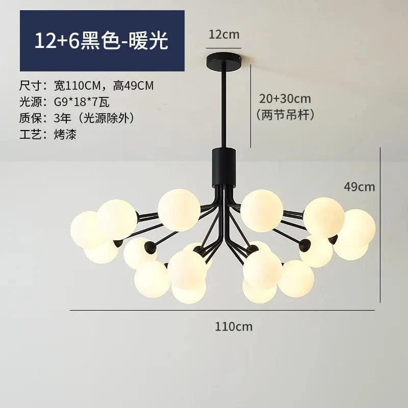 Lustre boule de verre LED nordique or luxe pour chambre et cuisine | Marco Lucetti Noir 18 têtes / Blanc chaud