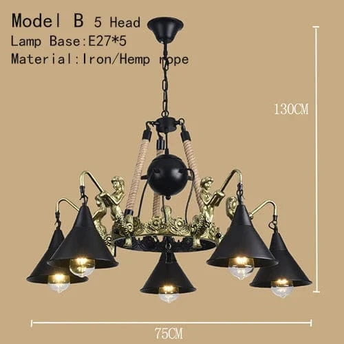 Lustre de café américain Loft en fer forgé rétro - Style industriel Restaurant et Bar Hot Pot Restaurant lustre | Marco Lucetti Tête modèle B 5