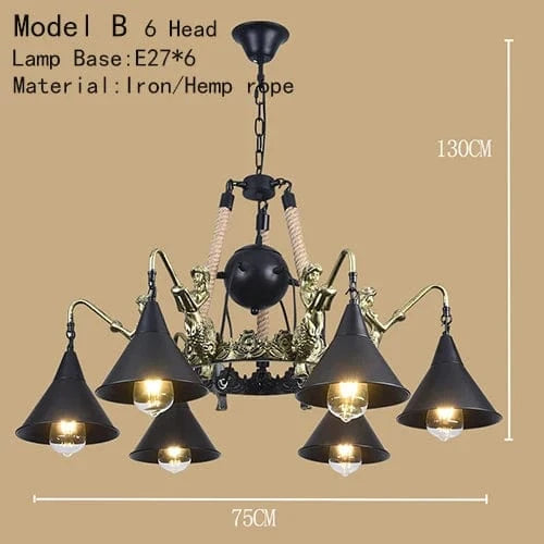 Lustre de café américain Loft en fer forgé rétro - Style industriel Restaurant et Bar Hot Pot Restaurant lustre | Marco Lucetti Tête modèle B 6