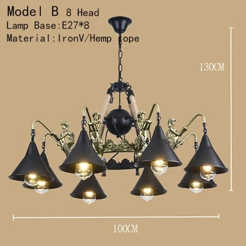 Lustre de café américain Loft en fer forgé rétro - Style industriel Restaurant et Bar Hot Pot Restaurant lustre | Marco Lucetti Tête modèle B 8