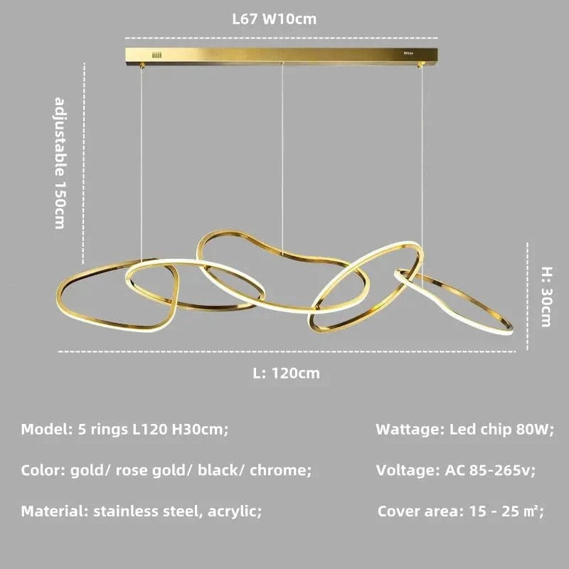 Lustre de luxe en cristal avec anneaux LED modernes - Élégance Brillante | Marco Lucetti 5 anneaux L120cm B / Mode télécommande