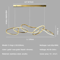 Lustre de luxe en cristal avec anneaux LED modernes - Élégance Brillante | Marco Lucetti 5 anneaux L120cm B / Mode télécommande