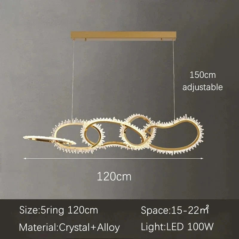 Lustre de luxe en cristal avec anneaux LED modernes - Élégance Brillante | Marco Lucetti 5 anneaux L120cm / Mode télécommande