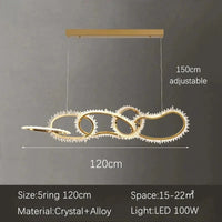 Lustre de luxe en cristal avec anneaux LED modernes - Élégance Brillante | Marco Lucetti 5 anneaux L120cm / Mode télécommande