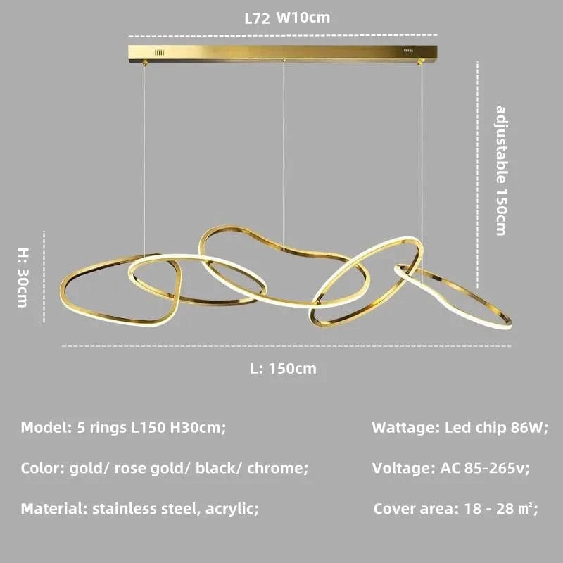 Lustre de luxe en cristal avec anneaux LED modernes - Élégance Brillante | Marco Lucetti 5 anneaux L150cm B / Lumière chaude 3000K