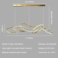 Lustre de luxe en cristal avec anneaux LED modernes - Élégance Brillante | Marco Lucetti 5 anneaux L150cm B / Lumière chaude 3000K