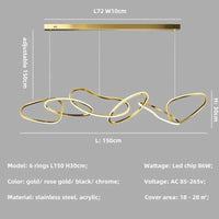 Lustre de luxe en cristal avec anneaux LED modernes - Élégance Brillante | Marco Lucetti 6 anneaux L150cm B / Mode télécommande