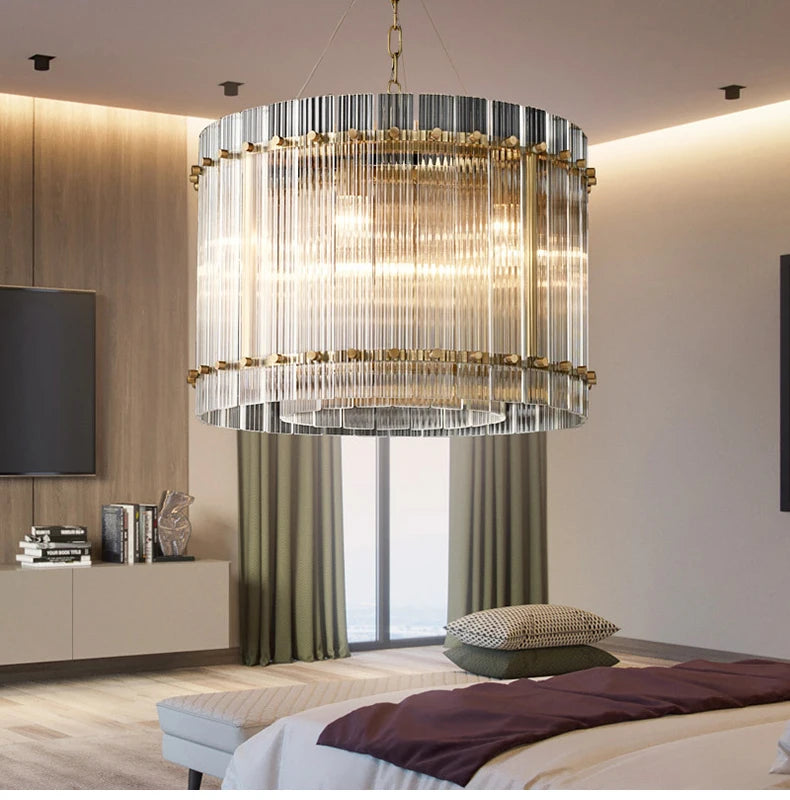 Lustre de luxe en cristal Double Anneau Doré LED Suspendu