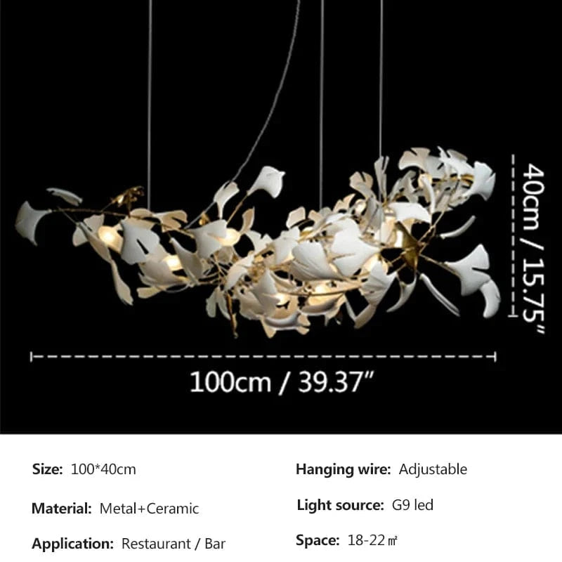 Lustre de Luxe Feuilles de Céramique et Branches d'Or | Marco Lucetti Longue 100 cm / 3000K