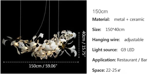Lustre de Luxe Feuilles de Céramique et Branches d'Or | Marco Lucetti Longue 150 cm / 3000K