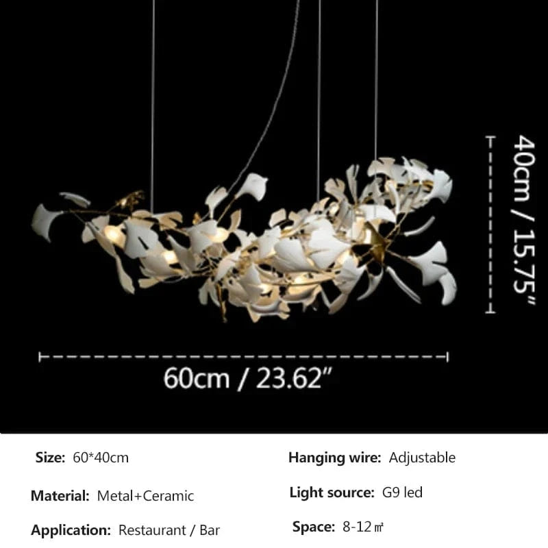 Lustre de Luxe Feuilles de Céramique et Branches d'Or | Marco Lucetti Longue 60 cm / 3000K