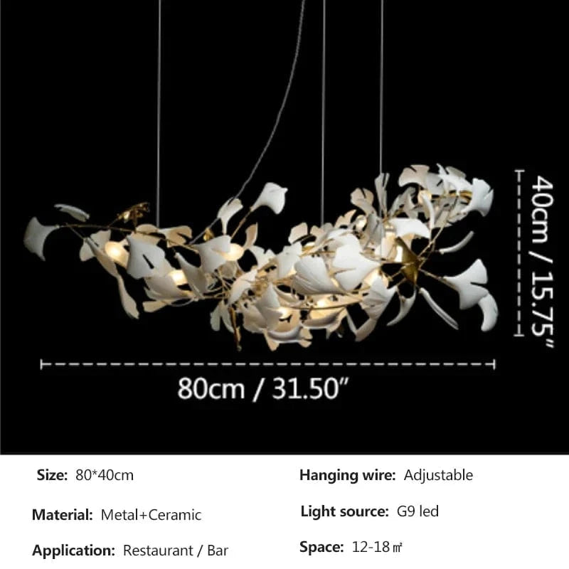 Lustre de Luxe Feuilles de Céramique et Branches d'Or | Marco Lucetti Longue 80 cm / 3000K