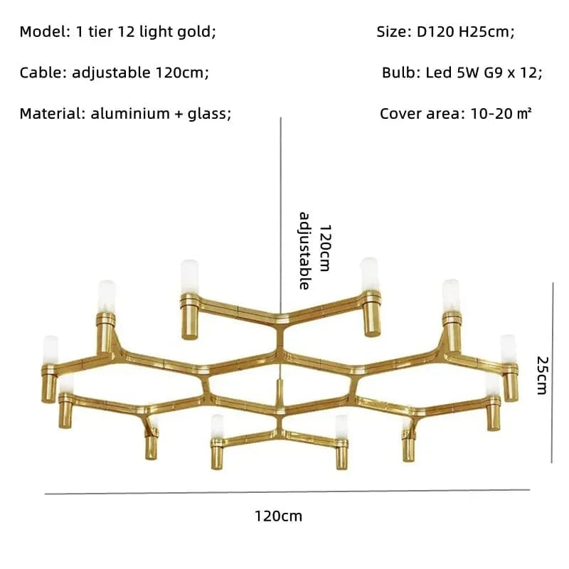 Lustre de Luxe Moderne en Métal avec Éclairage Suspendu Réglable | Marco Lucetti Ampoule dorée 1 niveau 12 / Blanc froid