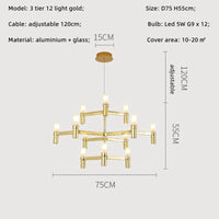 Lustre de Luxe Moderne en Métal avec Éclairage Suspendu Réglable | Marco Lucetti Ampoule dorée à 3 niveaux 12 / Blanc chaud