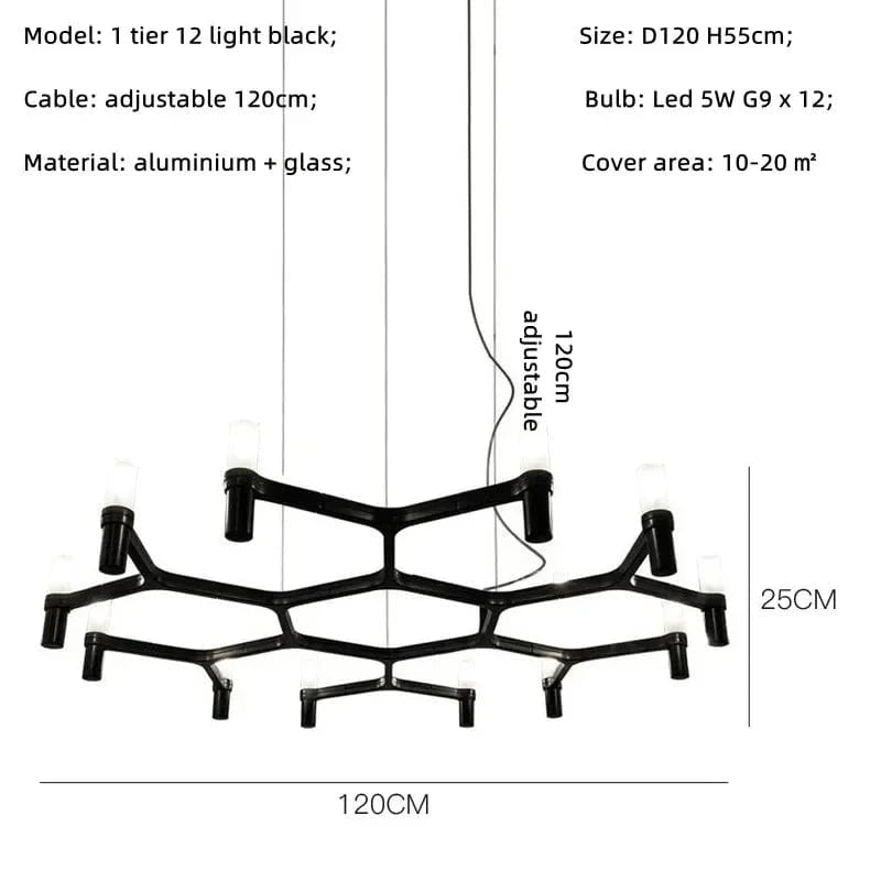 Lustre de Luxe Moderne en Métal avec Éclairage Suspendu Réglable | Marco Lucetti Ampoule noire 1 niveau 12 / Blanc froid