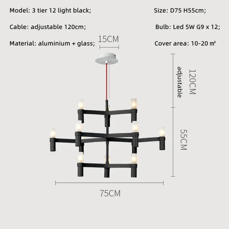Lustre de Luxe Moderne en Métal avec Éclairage Suspendu Réglable | Marco Lucetti Ampoule noire à 3 niveaux 12 / Blanc froid