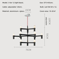 Lustre de Luxe Moderne en Métal avec Éclairage Suspendu Réglable | Marco Lucetti Ampoule noire à 3 niveaux 12 / Blanc froid