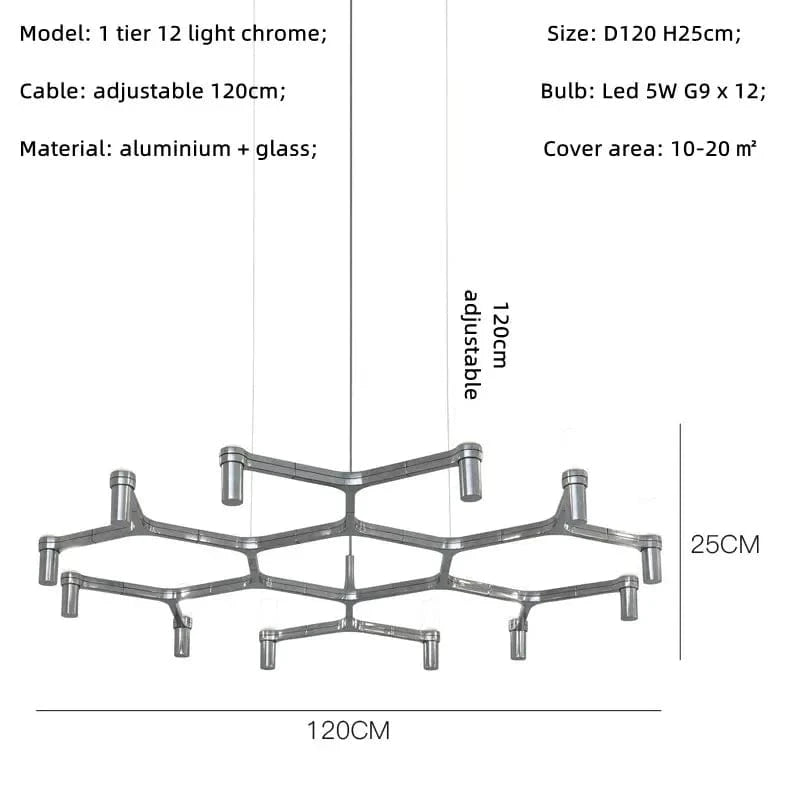 Lustre de Luxe Moderne en Métal avec Éclairage Suspendu Réglable | Marco Lucetti Chrome 1 niveau 12 ampoule / Blanc chaud