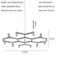 Lustre de Luxe Moderne en Métal avec Éclairage Suspendu Réglable | Marco Lucetti Chrome 1 niveau 12 ampoule / Blanc chaud