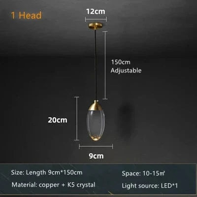 Lustre de salle à manger en cristal K5 de luxe moderne en cuivre salon prestige | Marco Lucetti 1 tête / Lumière froide6000K