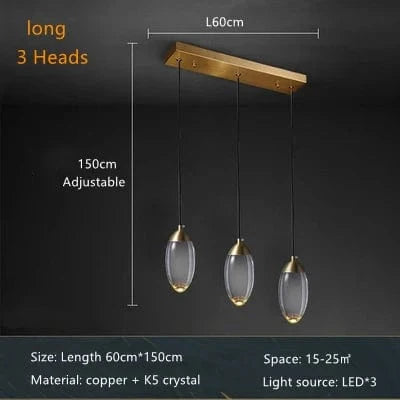 Lustre de salle à manger en cristal K5 de luxe moderne en cuivre salon prestige | Marco Lucetti 3 têtes de long / Lumière froide6000K